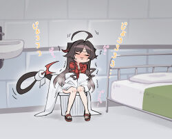 Rule 34 | 1girl, absurdres, ahoge, bed, black hair, blue archive, blush, closed eyes, closed mouth, coat, commentary request, demon girl, demon horns, demon tail, full body, highres, horns, huge ahoge, implied peeing, indoors, kasumi (blue archive), knees apart feet together, long sleeves, nose blush, nukari k, peeing, prison cell, red shirt, sandals, shirt, sink, sitting, sleeves past fingers, sleeves past wrists, solo, sound effects, tail, toes, toilet paper, trash can, trembling, white coat