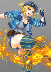 Rule 34 | 1girl, :d, ass, belt, blonde hair, blue eyes, breasts, capcom, cleavage, elbow pads, final fight, final fight 3, fingerless gloves, fire, gloves, hat, large breasts, looking at viewer, lucia morgan, open clothes, open mouth, open shirt, police, police hat, police uniform, policewoman, ponytail, shorts, sleeves rolled up, smile, street fighter, street fighter v, sunglasses, sunglasses on head, tatsuotty, thick thighs, thighhighs, thighs, uniform