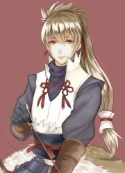 Rule 34 | 1boy, arrow (projectile), bad id, bad pixiv id, brown eyes, fire emblem, fire emblem fates, gloves, grey eyes, highres, long hair, male focus, nintendo, ponytail, red background, refuto (18128115), simple background, solo, takumi (fire emblem)
