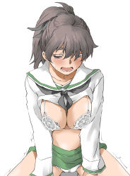 Rule 34 | 1girl, absurdres, black ribbon, blush, bra, breasts, brown eyes, brown hair, cleavage, clothes lift, commentary, elf (stroll in the woods), girls und panzer, hair ribbon, half-closed eyes, heart, highres, koyama yuzu, large breasts, medium hair, ooarai school uniform, panties, ribbon, school uniform, shirt lift, simple background, skirt, skirt lift, solo, spread legs, straddling, sweat, textless version, trembling, underwear, white background, white bra, white panties