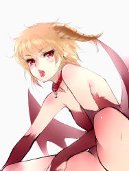 Rule 34 | 1girl, bare shoulders, blonde hair, bridal gauntlets, brown horns, collar, demon girl, demon horns, demon wings, earrings, highres, horns, jewelry, leotard, messy hair, open mouth, original, pink eyes, pointy ears, red collar, red leotard, red wings, short hair, simple background, solo, strapless, strapless leotard, suzu-batsu, tongue, tongue out, white background, wings