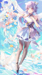Rule 34 | 1girl, absurdres, bare shoulders, bead choker, bird, black footwear, blush, brown pantyhose, cone hair bun, detached sleeves, double bun, dutch angle, earrings, falling flower, flower, flower knot, frilled skirt, frills, full body, genshin impact, hair bun, hair flower, hair ornament, hand on own chest, hand up, high collar, high heels, highres, jewelry, keqing (genshin impact), legs, long hair, multicolored clothes, multicolored skirt, neck tassel, outstretched arm, pantyhose, parted lips, purple eyes, purple hair, shirt, skirt, sleeveless, sleeveless shirt, splashing, standing, standing on liquid, tiptoes, twintails, white shirt, white wings, wide sleeves, wings, xiongshouji