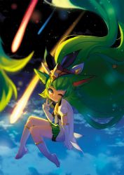 Rule 34 | 1girl, alternate costume, alternate hair color, alternate hairstyle, boots, gloves, green eyes, green hair, highres, league of legends, lulu (league of legends), magical girl, one eye closed, pointy ears, star guardian (league of legends), star guardian lulu, wink, yordle