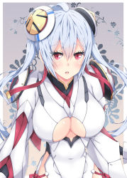Rule 34 | 1girl, armor, armored dress, belt, blush, border, breasts, cleavage, cowboy shot, dress, gem, gradient background, hair ornament, hair rings, large breasts, long hair, long sleeves, looking at viewer, matoi (pso2), mikoto cluster, milkpanda, open mouth, phantasy star, phantasy star online 2, red eyes, silver hair, solo, teeth, very long hair, white border