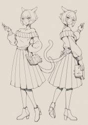 Rule 34 | 1girl, absurdres, animal ears, book, cat ears, cat girl, cat tail, chalk, closed mouth, collarbone, facial mark, final fantasy, final fantasy xiv, greyscale, hand on own hip, high heels, highres, hjz (artemi), holding, holding book, holding chalk, long sleeves, looking at viewer, miqo&#039;te, monochrome, multiple views, off-shoulder sweater, off shoulder, parted lips, pleated skirt, short hair, skirt, smile, sweater, symbol-only commentary, tail, traditional media, whisker markings, y&#039;shtola rhul