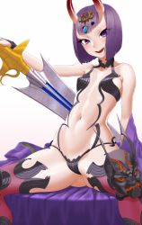 Rule 34 | 1girl, bare shoulders, bob cut, breasts, commentary request, fate (series), gishu, highres, horns, looking at viewer, makeup, navel, oni, open mouth, purple eyes, purple hair, short hair, shuten douji (fate), simple background, skin-covered horns, small breasts, smile, solo, sword, weapon, white background