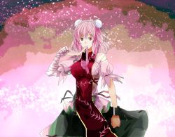 Rule 34 | 1girl, bad id, bad pixiv id, bandages, bandaged arm, bandages, cuffs, derivative work, double bun, ibaraki kasen, looking at viewer, mouth hold, pink eyes, pink hair, shackles, short hair, smile, solo, tabard, tk31, touhou