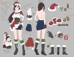 Rule 34 | 1girl, arm at side, arms up, back, backless outfit, bare shoulders, befirst b, bell, black footwear, black gloves, black hair, blue skirt, boots, breasts, capelet, character name, character sheet, christmas, closed eyes, closed mouth, cloud strife, commentary request, cropped torso, final fantasy, final fantasy vii, final fantasy vii ever crisis, from behind, full body, fur-trimmed capelet, fur-trimmed gloves, fur-trimmed headwear, fur-trimmed skirt, fur trim, gloves, green socks, grey background, hair ornament, hand on own hip, hat, heart, high heel boots, high heels, highres, jingle bell, long hair, looking at viewer, low-tied long hair, medium breasts, miniskirt, mistletoe, multiple views, official alternate costume, pom pom (clothes), pom pom hair ornament, red capelet, red eyes, red headwear, red skirt, santa costume, santa hat, simple background, skirt, sleeveless, sleeveless turtleneck, smile, socks, standing, stretching, sweater, swept bangs, tifa lockhart, tifa lockhart (fairy of the holy flame), translation request, turtleneck, turtleneck sweater, unworn headwear, very long hair, white sweater