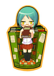 Rule 34 | 1girl, blue hair, book, chibi, faux figurine, glasses, ico (green bullet), original, short hair, simple background, skirt, solo, white background, yellow eyes