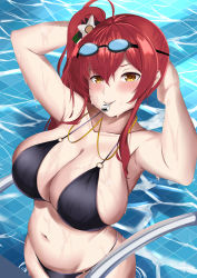 Rule 34 | 1girl, absurdres, ahoge, armpits, arms up, azur lane, bikini, black bikini, blush, breasts, cleavage, collarbone, curvy, day, goggles, goggles on head, hair ornament, highres, huge breasts, long hair, looking at viewer, mouth hold, navel, o-ring, o-ring bikini, outdoors, pool, pool ladder, red hair, side ponytail, skindentation, smile, solo, swimsuit, warden jadol 9, wet, whistle, whistle around neck, zara (azur lane), zara (poolside coincidence) (azur lane)