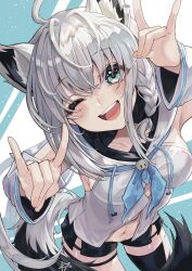 Rule 34 | ahoge, animal ear fluff, animal ears, aqua eyes, black shorts, blue neckerchief, braid, breasts, commentary request, detached sleeves, double fox shadow puppet, ear piercing, fox ears, fox girl, fox shadow puppet, fox tail, front slit, hair between eyes, hands up, highres, hololive, hood, hooded vest, hoodie, long hair, low ponytail, midriff, navel, neckerchief, one eye closed, pentagram, piercing, shirakami fubuki, shirakami fubuki (1st costume), short shorts, shorts, side braid, sidelocks, single thighhigh, smile, soraneko (purin kudasai), strapless, tail, thigh strap, thighhighs, vest, virtual youtuber, white hair, white sleeves, white vest, wide sleeves