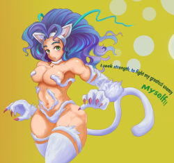 Rule 34 | 1girl, animal ears, animal hands, big hair, blue hair, capcom, cat ears, cat tail, claws, english text, felicia (vampire), fur, green background, green eyes, hoan384, md5 mismatch, resolution mismatch, solo, source larger, tail, thick thighs, thighs, vampire (game), yellow background