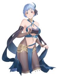 Rule 34 | 1girl, absurdres, alternate costume, artist name, bandeau, bare shoulders, black ribbon, blue hair, blue nails, blush, bracelet, breasts, bridal gauntlets, brooch, brown eyes, commentary, commission, cosplay, cowboy shot, criss-cross halter, feather hair ornament, feathers, fire emblem, fire emblem: three houses, fire emblem heroes, hair ornament, hair ribbon, halterneck, highres, jewelry, looking at viewer, marianne von edmund, medium breasts, midriff, moja (rainpoow), nail polish, navel, nintendo, pantyhose, pelvic curtain, ribbon, short hair, simple background, smile, solo, standing, stomach, thighlet, thighs, white background