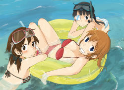 Rule 34 | 3girls, :&lt;, afloat, ass, bad id, bad pixiv id, bikini, black hair, blue eyes, blush, breasts, brown eyes, brown hair, charlotte e. yeager, cleavage, diving mask, eyepatch, gertrud barkhorn, goggles, grin, hair ribbon, innertube, kumichou (kumichoubox), looking back, lying, medium breasts, multiple girls, on back, orange hair, ponytail, ribbon, sakamoto mio, small breasts, smile, snorkel, strike witches, swim ring, swimsuit, twintails, water, wet, world witches series