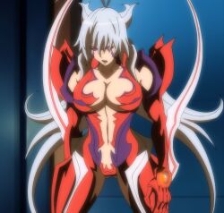 Rule 34 | 1girl, amaha masane, armor, blade, bodysuit, breasts, cleavage, colored sclera, facial mark, gauntlets, grey hair, highres, large breasts, long hair, navel, red eyes, screencap, solo, stitched, third-party edit, transformation, witchblade