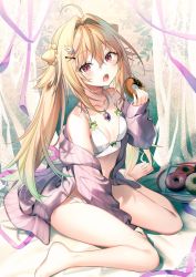 Rule 34 | 1girl, ahoge, bare legs, bare shoulders, barefoot, bikini, blonde hair, blush, breasts, collarbone, curtains, doughnut, eating, fang, food, hair between eyes, hair intakes, hair ornament, hairclip, hikikomari kyuuketsuki no monmon, holding, holding food, jewelry, long hair, long sleeves, looking at viewer, necklace, off shoulder, open clothes, open mouth, open shirt, purple shirt, red eyes, riichu, shirt, sitting, sleeves past wrists, slit pupils, small breasts, solo, swimsuit, terakomari gandezblood, toes, twintails, very long hair, wariza, white bikini