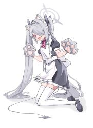 Rule 34 | 1girl, animal hands, apron, black dress, black footwear, black ribbon, black tail, blue archive, cat paws, dress, fang, frilled apron, frilled dress, frills, full body, gloves, grey gloves, grey hair, grey halo, hair over one eye, hair ribbon, halo, highres, iori (blue archive), kneeling, long hair, paw gloves, pointy ears, red eyes, ribbon, sentouryoku 5, shoes, simple background, skin fang, solo, thighhighs, twintails, white apron, white background, white thighhighs