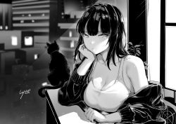 Rule 34 | 1girl, black hair, black jacket, breasts, cat, cat day, cleavage, closed mouth, greyscale, highres, indoors, jacket, large breasts, light rays, long hair, looking at viewer, lynus, monochrome, naoko-san, original, plant, tank top, window
