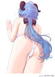 Rule 34 | 1girl, ahoge, artist name, ass, back, blue hair, bow, cameltoe, dated, facing away, flying sweatdrops, from behind, from below, ganyu (genshin impact), genshin impact, highres, horns, leotard, long hair, low ponytail, pussy juice, solo, sweat, wata neo, white background, white leotard