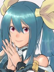 Rule 34 | 1girl, arc system works, bare shoulders, belt, blue hair, closed mouth, dated, detached collar, detached sleeves, dizzy (guilty gear), eyelashes, fingernails, guilty gear, guilty gear xrd, hair between eyes, hair ornament, hair ribbon, hair rings, highres, lips, long hair, looking at viewer, mariebell, mature female, nail polish, own hands together, pink nails, profile, red eyes, ribbon, sidelocks, signature, simple background, smile, twintails, upper body
