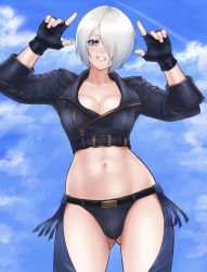 Rule 34 | 1girl, angel (kof), blue eyes, breasts, cleavage, fingerless gloves, gloves, highres, large breasts, navel, revealing clothes, snk, the king of fighters