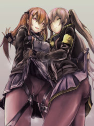 Rule 34 | 2girls, armband, ass, black gloves, black pantyhose, black ribbon, blush, breasts, brown eyes, brown hair, closed mouth, clothes lift, commentary request, crotch seam, fingerless gloves, girls&#039; frontline, gloves, hair between eyes, hair ornament, hairclip, highres, holding another&#039;s hair, hood, hood down, hooded jacket, jacket, lifting another&#039;s clothes, long hair, looking at viewer, medium breasts, mizukamakiri, multiple girls, neck ribbon, one side up, open mouth, panties, pantyhose, pleated skirt, ribbon, scar, scar across eye, scar on face, shirt, siblings, sisters, skirt, skirt lift, smile, thigh strap, twins, twintails, ump45 (girls&#039; frontline), ump9 (girls&#039; frontline), underwear, white shirt, yellow eyes