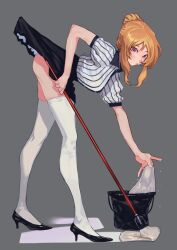 Rule 34 | 1girl, accidental exposure, ass, bent over, black shirt, black skirt, blonde hair, breasts, broom, bukimi isan, clothes lift, copyright request, from side, full body, grey background, hair bun, high heels, holding, holding broom, large breasts, long legs, looking at viewer, pink eyes, puffy short sleeves, puffy sleeves, shirt, short sleeves, simple background, single hair bun, skirt, skirt lift, solo, striped clothes, striped shirt, thighhighs, white shirt, white thighhighs