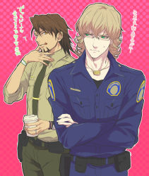 Rule 34 | 10s, 2boys, bad id, bad pixiv id, barnaby brooks jr., belt pouch, blonde hair, brown eyes, brown hair, coffee, crossed arms, facial hair, glasses, green eyes, highres, kaburagi t. kotetsu, licking, licking finger, multiple boys, necktie, police, police uniform, pouch, rwk, stubble, tiger &amp; bunny