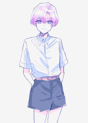 Rule 34 | 1boy, absurdres, arms behind back, black shorts, closed mouth, collared shirt, commentary request, cowboy shot, dated, genderswap, genderswap (ftm), grey background, highres, hyakumantenbara salome, looking at viewer, male focus, nijisanji, pink hair, purple eyes, shirt, shirt tucked in, short sleeves, shorts, simple background, smile, solo, twitter username, virtual youtuber, white shirt, yuri kyanon