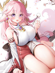 Rule 34 | 1girl, arlene (ju), bare shoulders, barefoot, blush, breasts, curvy, feet, genshin impact, hair between eyes, hair ornament, highres, japanese clothes, large breasts, long hair, long sleeves, looking at viewer, miko, mimikaki, open mouth, petals, pink hair, purple eyes, sideboob, smile, solo, thick thighs, thighs, toes, yae miko
