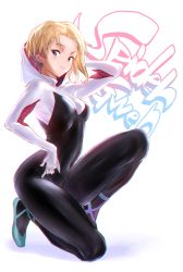 Rule 34 | 1girl, absurdres, animification, ballet slippers, black bodysuit, blonde hair, blue eyes, bodysuit, breasts, chromatic aberration, covered navel, full body, gwen stacy, highres, hood, hooded bodysuit, kneeling, looking at viewer, marvel, medium breasts, short hair, simple background, skin tight, solo, spider-gwen, spider-man: into the spider-verse, spider-man (series), spider-verse, superhero costume, ulrich (tagaragakuin), white background