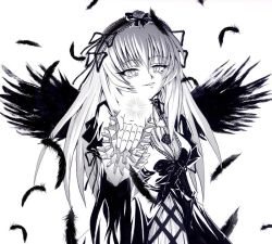 Rule 34 | 00s, 1girl, bow, breasts, crazy eyes, feathered wings, feathers, flower, frills, greyscale, hairband, headband, light smile, lolita hairband, long hair, looking at viewer, meimei, monochrome, open mouth, ribbon, rozen maiden, simple background, smile, solo, suigintou, white background, wings