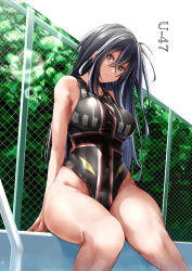 Rule 34 | 1girl, alternate costume, arm support, azur lane, bare shoulders, black hair, black one-piece swimsuit, breasts, chain-link fence, character name, closed mouth, collarbone, commentary request, competition swimsuit, covered navel, day, fence, groin, hair between eyes, highleg, highres, large breasts, lens flare, long hair, looking at viewer, multicolored hair, one-piece swimsuit, one side up, oriue wato, outdoors, page number, poolside, red eyes, sidelocks, sitting, soaking feet, solo, streaked hair, swimsuit, u-47 (azur lane), white hair