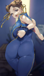Rule 34 | 1girl, ahoge, artist name, ass, bare shoulders, blue unitard, blurry, blurry background, bracelet, breasts, brown eyes, brown hair, capcom, chun-li, clenched hand, commentary request, double bun, from behind, hair bun, highres, jewelry, lips, looking at viewer, looking back, medium breasts, murata tefu, open mouth, signature, simple background, skin tight, sleeveless, solo, street fighter, street fighter zero (series), sweat, sweatdrop, twisted torso, unitard