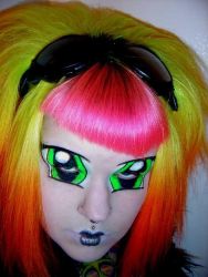 Rule 34 | 1girl, close-up, cosplay, facepaint, half-closed eyes, lipstick, looking at viewer, makeup, multicolored hair, nose piercing, photo (medium), piercing, solo, sunglasses, what, wig