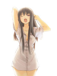 Rule 34 | 1girl, breasts, brown eyes, brown hair, cleavage, jirou (chekoro), large breasts, long hair, nightshirt, one eye closed, original, see-through, shirt, solo, unbuttoned, wink, yawning