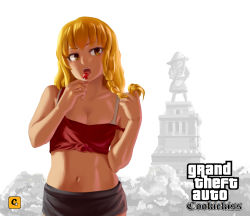 Rule 34 | &gt; &lt;, 1girl, alternate costume, apron, azusa (cookie), black skirt, blonde hair, bra, braid, breasts, candy, cleavage, commentary request, cookie (touhou), cowboy shot, crop top, dress, fist pump, food, grand theft auto, grand theft auto: san andreas, grand theft auto iv, twirling hair, hat, highres, kirisame marisa, licking, lollipop, long hair, looking to the side, megafaiarou (talonflame 810), microskirt, off shoulder, open mouth, red shirt, shirt, single braid, skirt, solo, standing, statue, touhou, underwear, uzuki (cookie), white background, white bra, witch hat, yellow eyes