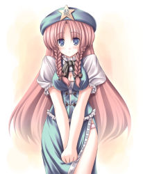 Rule 34 | 1girl, :&lt;, blue eyes, blush, bow, braid, breasts, china dress, chinese clothes, cleavage, dress, embodiment of scarlet devil, female focus, hair bow, hat, hong meiling, long hair, medium breasts, own hands together, panties, pink hair, solo, star (symbol), touhou, twin braids, underwear, v arms