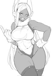 Rule 34 | 1girl, :d, animal ears, bare shoulders, boku no hero academia, breasts, contrapposto, corrupted twitter file, covered navel, cowboy shot, crescent print, dark-skinned female, dark skin, fur collar, gloves, greyscale, hand on own hip, heattech leotard, highleg, highleg leotard, highres, large breasts, leotard, long eyelashes, long hair, looking at viewer, mirko, monochrome, nine (kanine41), open mouth, parted bangs, pointing, pointing up, rabbit ears, rabbit girl, sleeveless turtleneck leotard, smile, solo, taut leotard, teeth, thick thighs, thighhighs, thighs, toned, turtleneck, very long hair, white gloves, white hair, white leotard