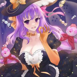Rule 34 | 1girl, absurdres, black hat, blush, bow, breasts, candy, center frills, cleavage, commentary, dress, english commentary, fate (series), food, frills, hair ribbon, halloween, halloween costume, hat, hat bow, highres, holding, holding candy, holding food, large breasts, long hair, long sleeves, looking at viewer, matou sakura, muneomon (takomon), open mouth, orange bow, orange sleeves, pink bow, purple eyes, purple hair, ribbon, solo, stuffed toy, teeth, upper body