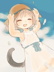 Rule 34 | 1girl, :d, blue bow, blue sky, blush, bow, bracelet, breasts, cat, cat tail, child, cleavage, closed eyes, cloud, cloudy sky, collarbone, dress, gradient background, hat, jewelry, okayu (headless), open mouth, sanya v. litvyak, short hair, silver hair, sky, smile, solo, strike witches, sun hat, tail, white dress, world witches series