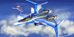 Rule 34 | absurdres, aircraft, airplane, asterozoa, canopy (aircraft), fighter jet, flying, highres, jet, macross, macross delta, mecha, military, military vehicle, motion blur, no humans, robot, science fiction, variable fighter, vehicle focus, vf-31, vf-31c, vf-31j