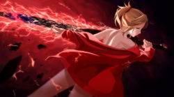 Rule 34 | 1girl, blonde hair, clarent (fate), fate/apocrypha, fate/grand order, fate (series), from behind, green eyes, highres, lightning bolt symbol, mordred (fate), mordred (fate/apocrypha), mukade (siieregannsu), off shoulder, partially undressed, shoulder blades, solo, sword, thighs, weapon