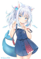 Rule 34 | 1girl, :&lt;, animal ears, blue dress, blue eyes, blue hair, blue nails, blush, cat ears, chiyami, closed mouth, commentary request, cube hair ornament, dress, fins, fish tail, gawr gura, gawr gura (casual), hair ornament, hands up, hololive, hololive english, looking at viewer, multicolored hair, nail polish, nyan, official alternate costume, romaji text, shark tail, shirt, side ponytail, simple background, sleeveless, sleeveless dress, solo, streaked hair, tail, twitter username, virtual youtuber, white background, white hair, white shirt