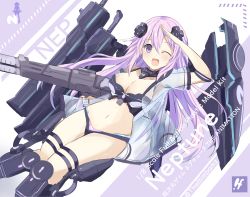 Rule 34 | 1girl, absurdres, adult neptune, armor, armpits, bikini armor, bimmy, blouse, blush, boots, breasts, cleavage, commentary, d-pad, d-pad hair ornament, english commentary, excited, gun, hair between eyes, hair ornament, hairclip, happy, highres, holding, holding gun, holding weapon, large breasts, long hair, looking at viewer, midriff, navel, neck, neptune (neptunia), neptune (series), one eye closed, open clothes, open mouth, open shirt, purple eyes, purple hair, rigging, salute, see-through, see-through shirt, shirt, short sleeves, sidelocks, smile, solo, thigh strap, thighs, weapon, wink