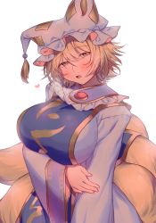 Rule 34 | 1girl, animal hat, arm under breasts, blonde hair, blush, breasts, collar, dress, flustered, fox tail, frilled collar, frills, hair between eyes, half-closed eyes, hat, head tilt, heart, heavy breathing, highres, huge breasts, large breasts, long sleeves, looking at viewer, masanaga (tsukasa), messy hair, mob cap, multiple tails, open mouth, shiny clothes, short hair, simple background, solo, tabard, tail, tassel, touhou, white background, white dress, wide sleeves, yakumo ran, yellow eyes