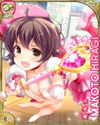 Rule 34 | 1girl, ahoge, bow, breasts, brown eyes, brown hair, cafe, card (medium), character name, cleavage, day, dress, girlfriend (kari), hiragi makoto, indoors, magical girl, medium breasts, official art, open mouth, pink dress, pink headwear, pleated dress, qp:flapper, red bow, short hair, solo, thighhighs, tripping, wand, white thighhighs