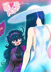 Rule 34 | 2girls, @ @, artist name, ass, bare shoulders, black eyes, black hair, blue background, blush, breasts, character request, colored sclera, creatures (company), crossover, dress, drooling, female focus, from behind, game freak, gen 1 pokemon, gengar, hair between eyes, hakkasame, hasshaku-sama, hat, heart, hex maniac (pokemon), highres, large breasts, long hair, long sleeves, looking at another, looking up, messy hair, multiple girls, nintendo, no bra, nose blush, npc trainer, open mouth, pokemon, pokemon (creature), pokemon xy, purple dress, purple eyes, red sclera, saliva, sideboob, signature, simple background, size difference, sleeveless, sleeveless dress, speech bubble, spoken heart, standing, sun hat, sundress, sweat, teeth, turtleneck, twitter username, very long hair, wavy mouth, white dress, white headwear