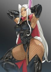 Rule 34 | 1girl, animal ears, armpits, arms up, ass, belt, black background, black gloves, black pantyhose, boku no hero academia, breasts, closed mouth, dark-skinned female, dark skin, elbow gloves, eyelashes, fishnets, from side, garter straps, gloves, gradient background, grey background, high collar, highres, impossible clothes, latex, long hair, looking at viewer, looking down, mirko, muscular, muscular female, narrow waist, pantyhose, rabbit ears, rabbit tail, red eyes, shosho oekaki, skin tight, smile, solo, tail, thighs, very long hair, white hair
