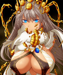 Rule 34 | 1girl, bare shoulders, blue eyes, breasts, broken, broken chain, center opening, chain, cleavage, crown, cuffs, dress, earrings, elbow gloves, fate/grand order, fate (series), gloves, grey hair, halterneck, hasebe akira, jewelry, large breasts, long hair, looking at viewer, neck ring, pointing, pointing at viewer, white dress, white gloves, zenobia (fate)